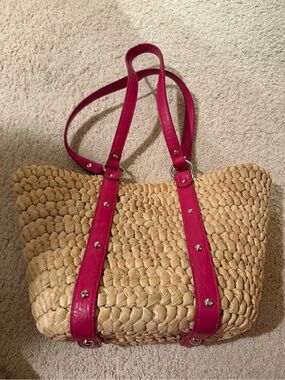 Woven Straw Tote with Pink Shoulder Straps